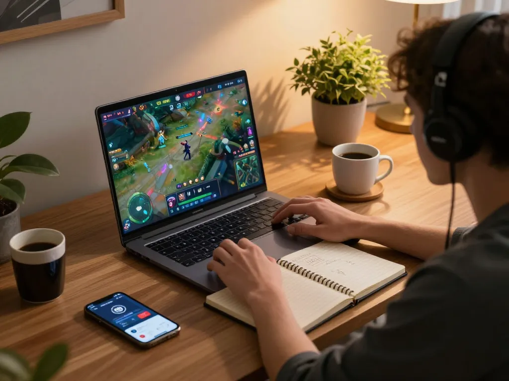 Experience thrilling gameplay at rr88 with a cozy gaming setup showcasing a laptop, smartphone, and strategic notes.