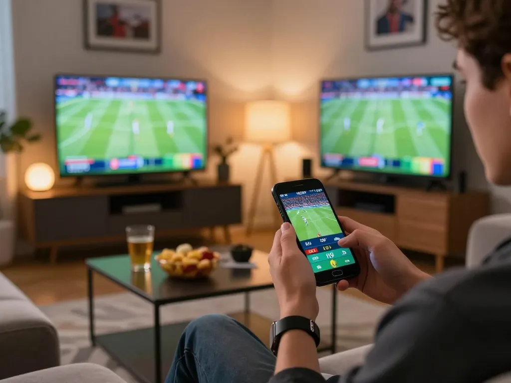 Engaged player using a smartphone for sports betting at home while watching live matches on screens.