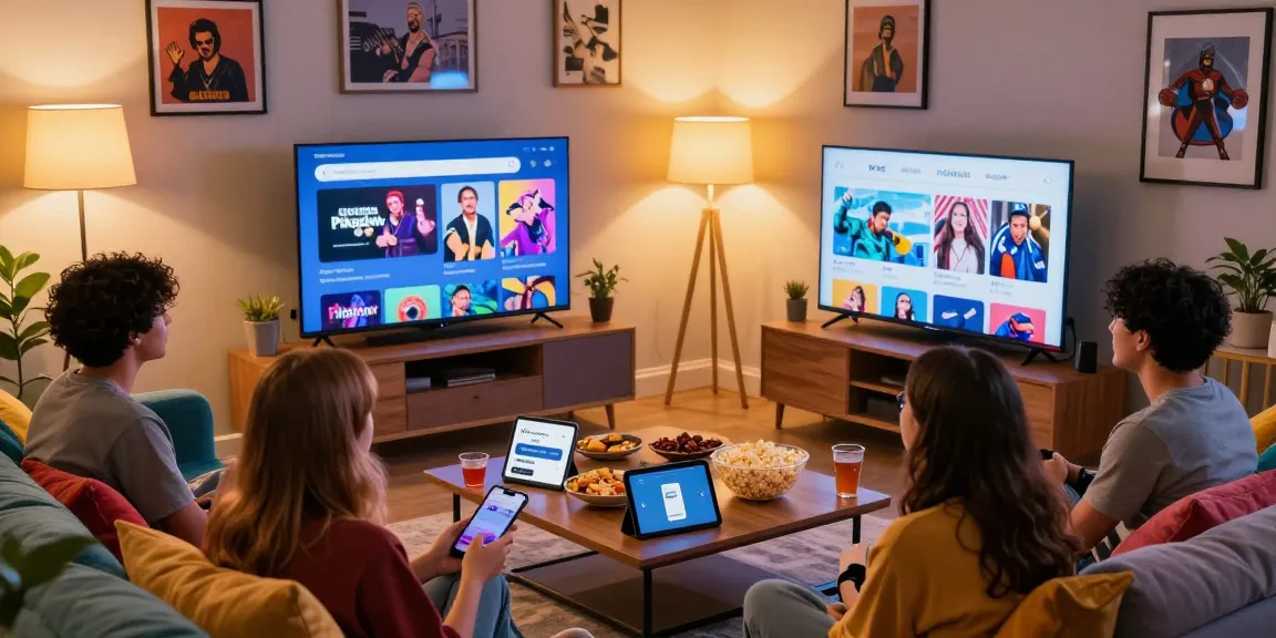 Pikashow APK download session in a cozy living room with friends streaming movies and sports.