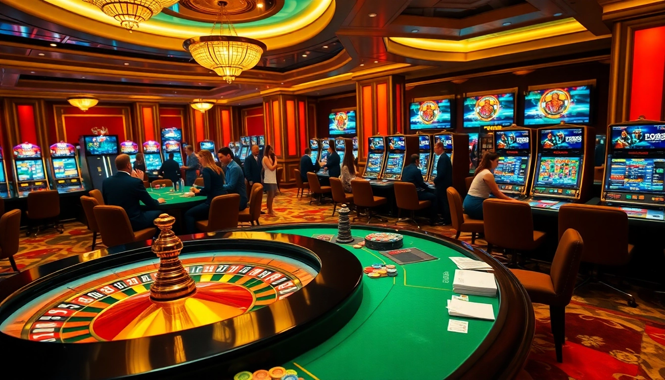 Betting excitement at https://kim88.center/ featuring roulette, poker chips, and slot machines.