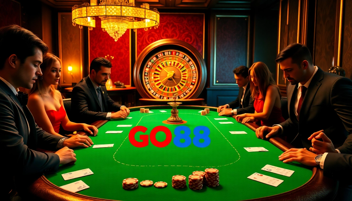 Players enjoying a thrilling poker game at the luxurious GO88 casino table, surrounded by vibrant chips and cards.