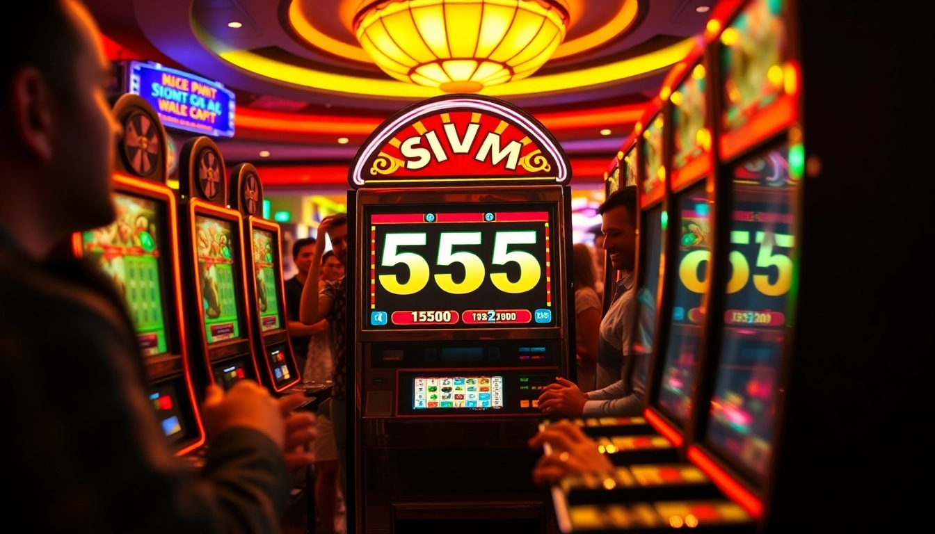 Exciting scene of casino slot machine showing 555 win jackpot, with celebrating players.