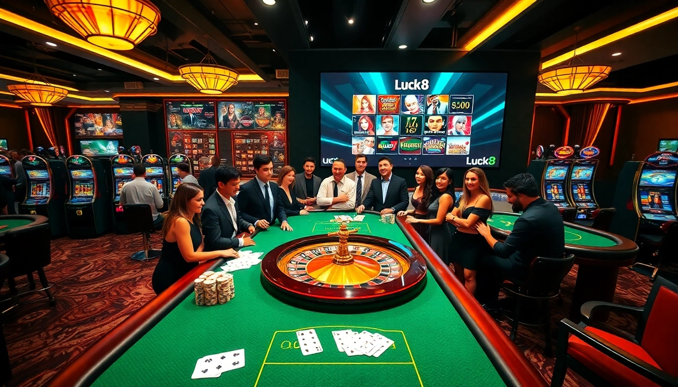 Luck8 casino featuring a vibrant gaming atmosphere with poker tables and slot machines lighting up the scene.