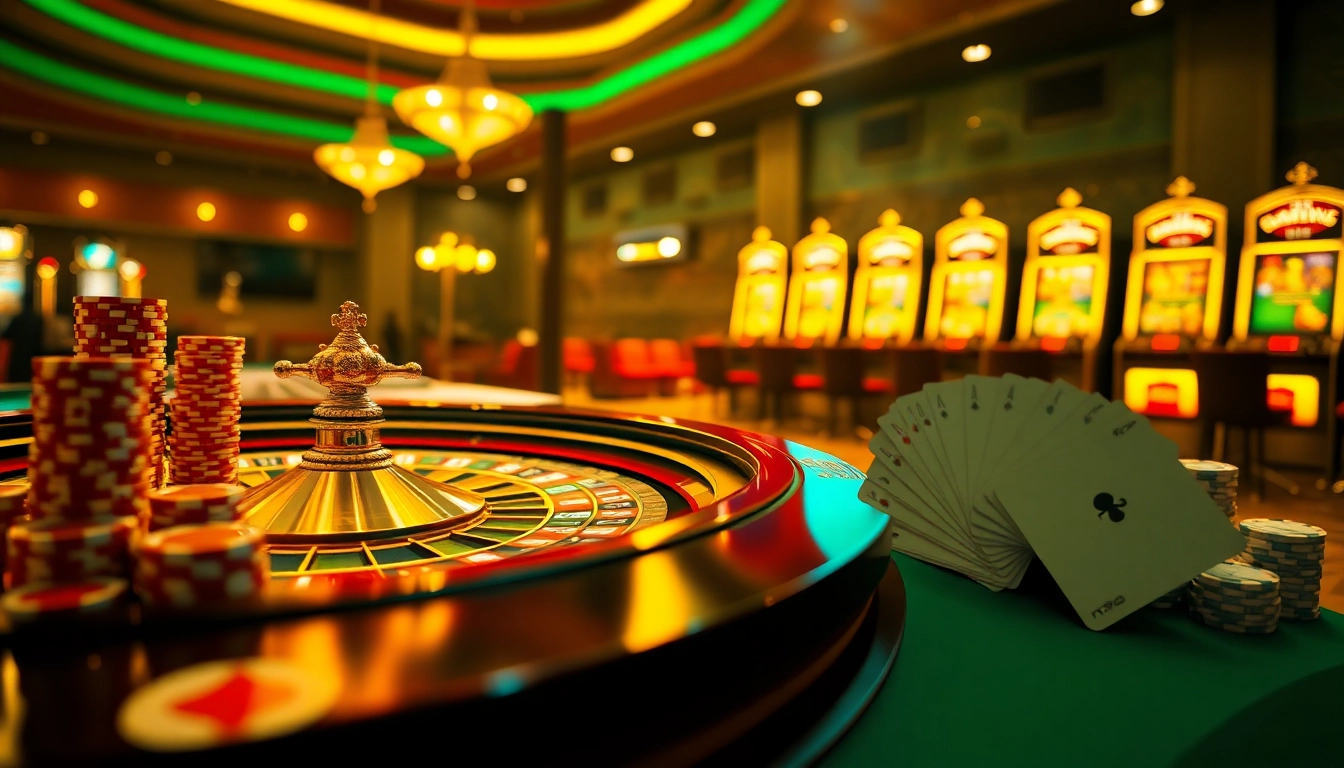 Experience the thrilling atmosphere of nk88 with vibrant roulette tables and stacked poker chips in a luxurious casino.
