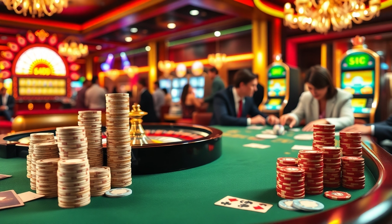 S 8 betting table with poker chips and roulette wheel showcasing a vibrant casino atmosphere.