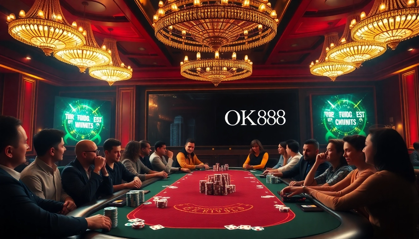 Engaging poker players at a luxurious casino with OK8386 gaming interface highlights.