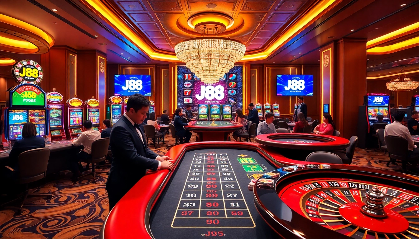 Players strategizing in J88 casino's vibrant atmosphere with poker chips and colorful slot machines.