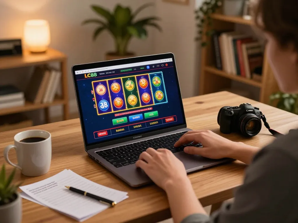 Engaging in gameplay on LC88 casino platform with warm lighting in a cozy home setting.