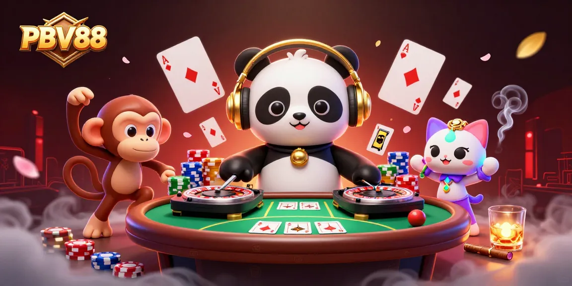 Experience the vibrant energy of PBV88 Casino with a lively DJ panda and breakdancing animals in a rich gambling setting.