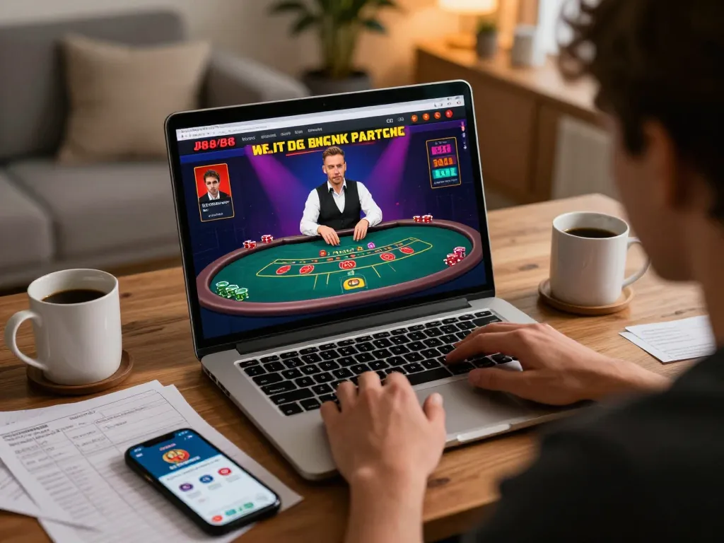 Player engaging with J88 online casino on a laptop, showcasing immersive gaming experience