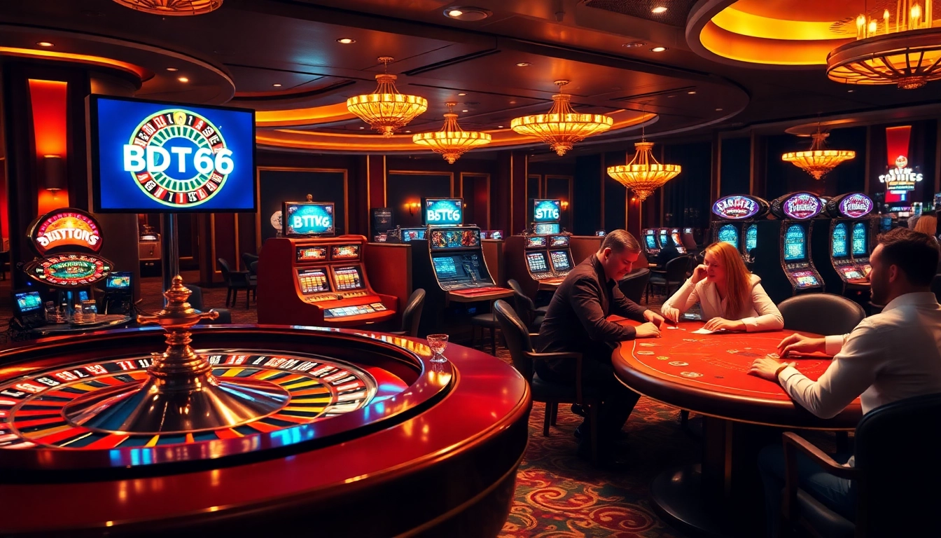 Gamblers enjoying a thrilling poker game while embracing the excitement of BDTK66 in a luxurious casino setting.