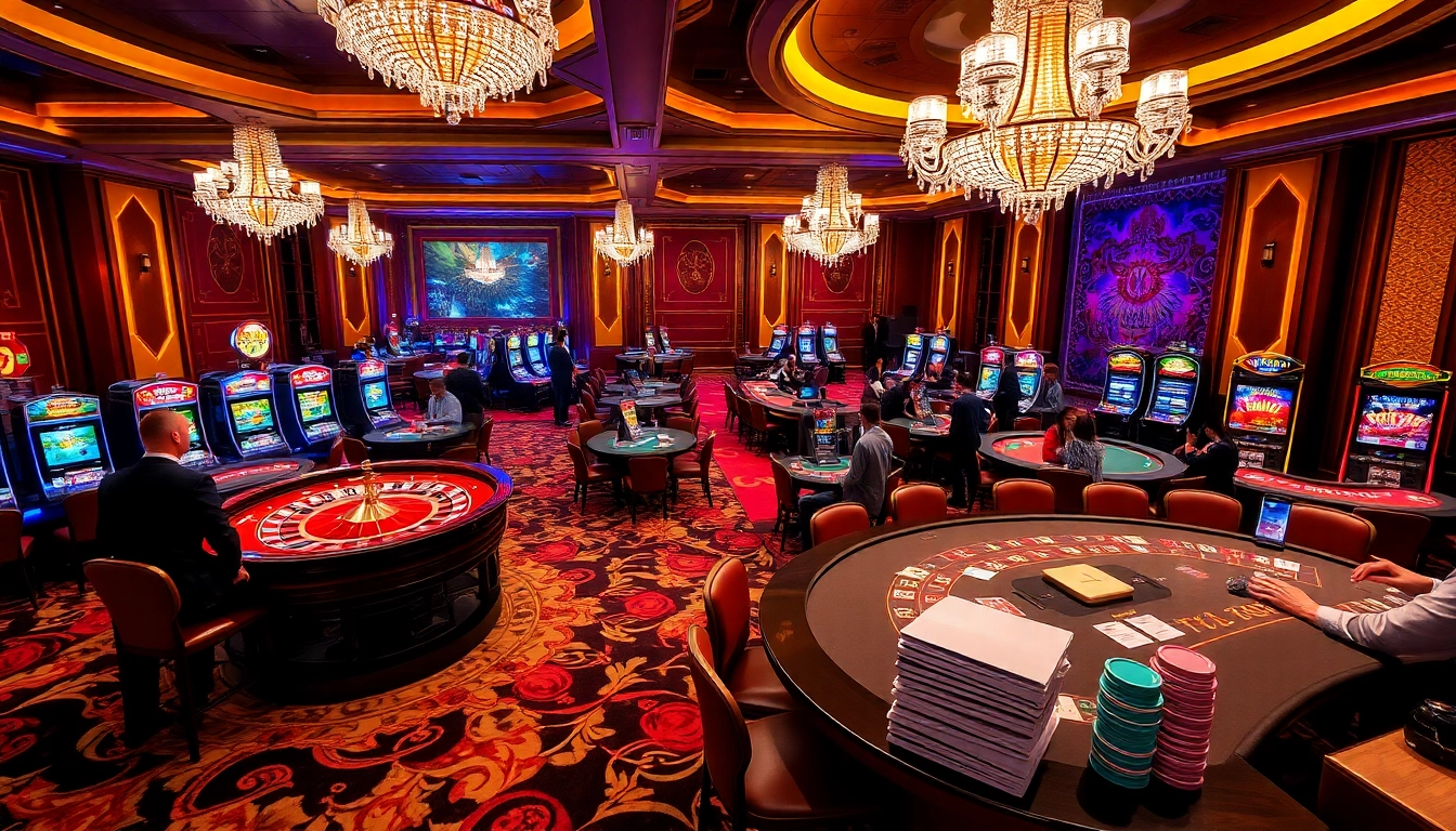 Engaging scene at nhà cái XX88, showcasing vibrant poker, roulette, and slot machines.