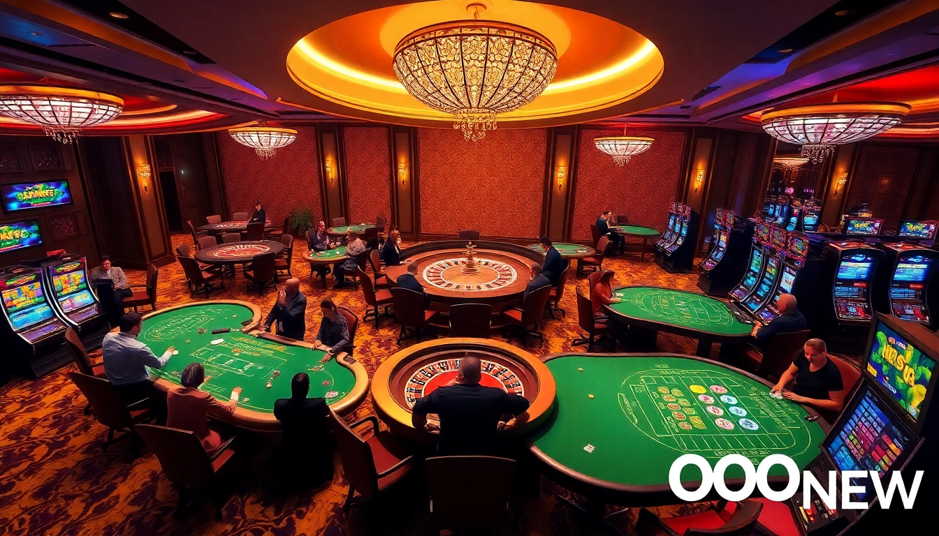 Experience the thrill of gambling at 888NEW with vibrant casino tables and elegant roulette wheels.