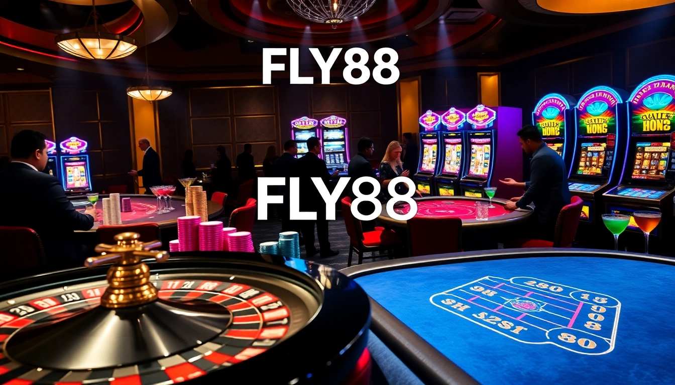 Engaging players at FLY88 casino tables with vibrant poker chips and a roulette wheel.