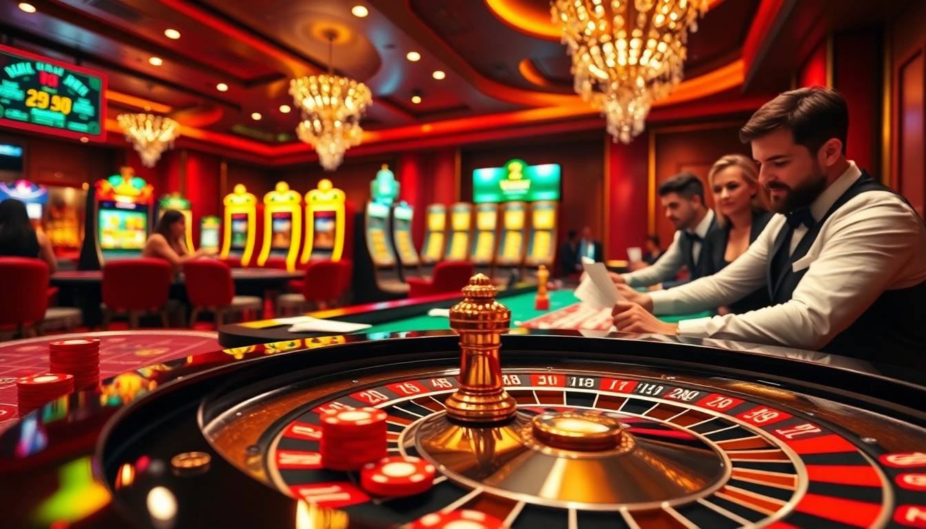 Exciting Vmax casino scene featuring roulette, poker tables, and slot machines with vibrant colors.