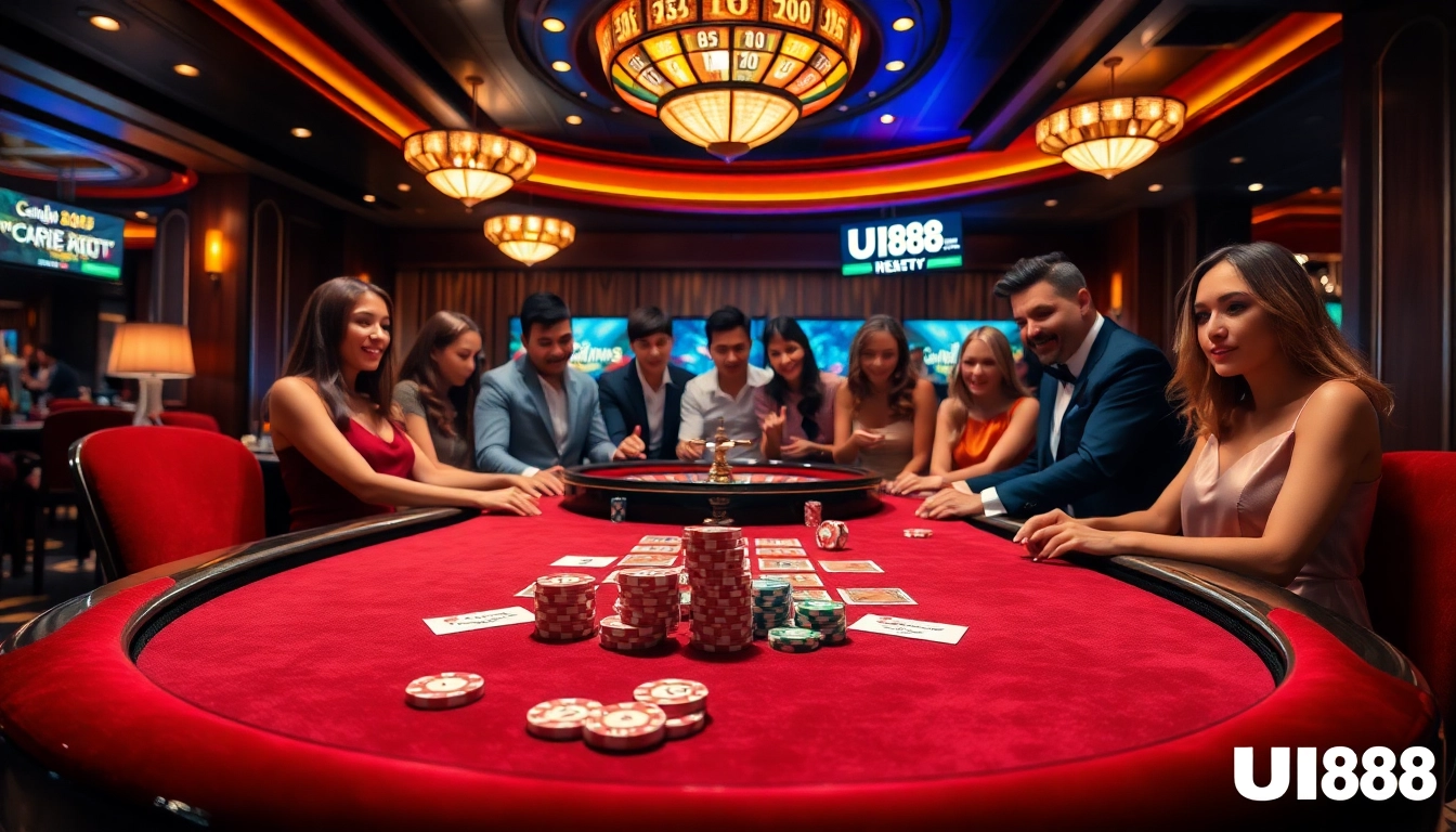 Players enjoying a vibrant casino scene with UU88 branding, poker chips, and roulette wheel.