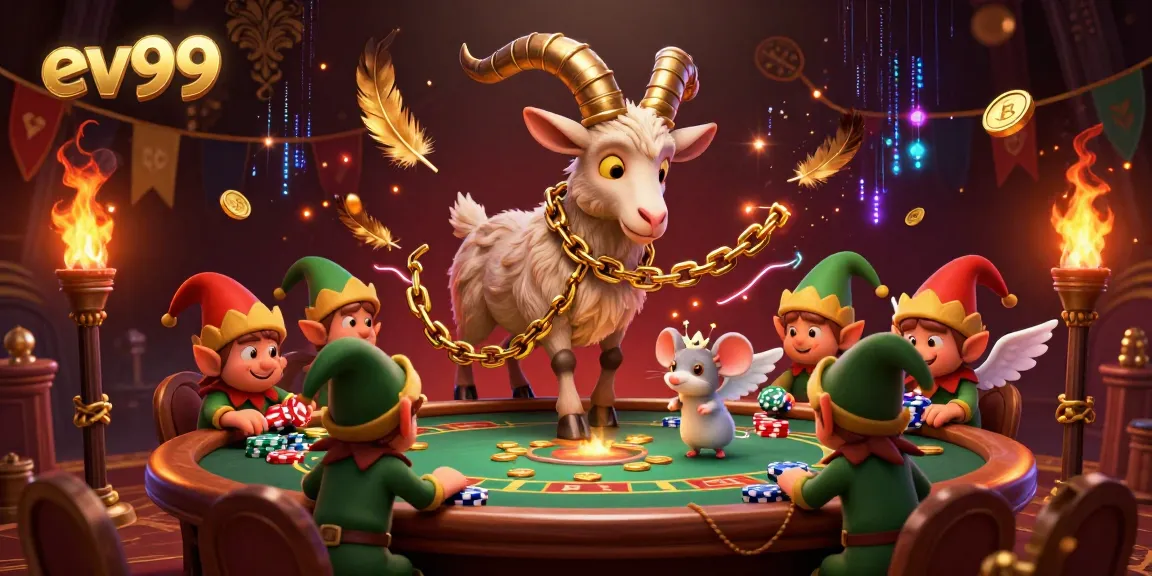 Experience the exhilarating games at ev99 with festive characters in a chaotic holiday-casino scene.