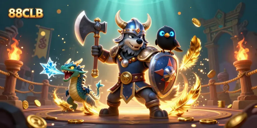 Win big at 88CLB with dynamic 3D gaming battle scene featuring fierce characters and golden treasures.