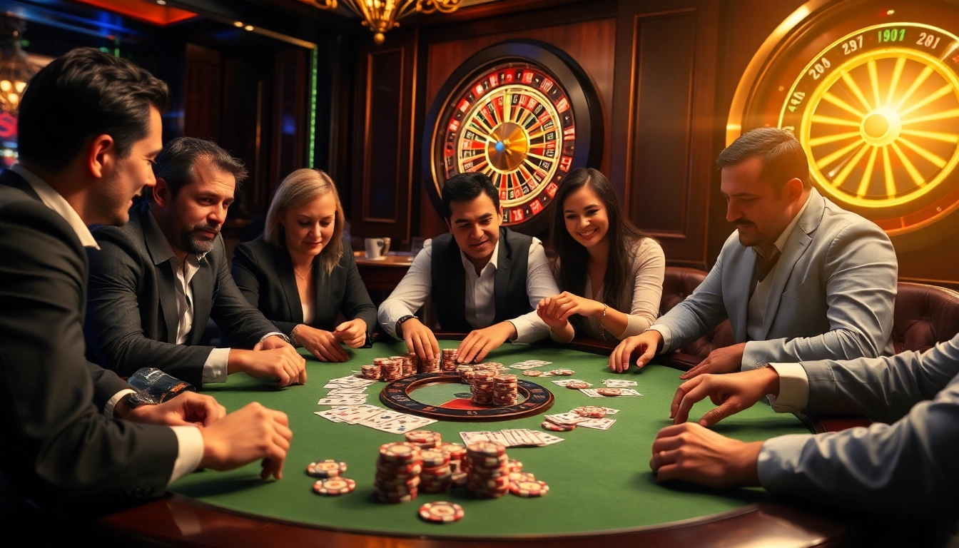Players enjoying a high-stakes poker game at a luxurious casino table, embodying the spirit of sunwin.