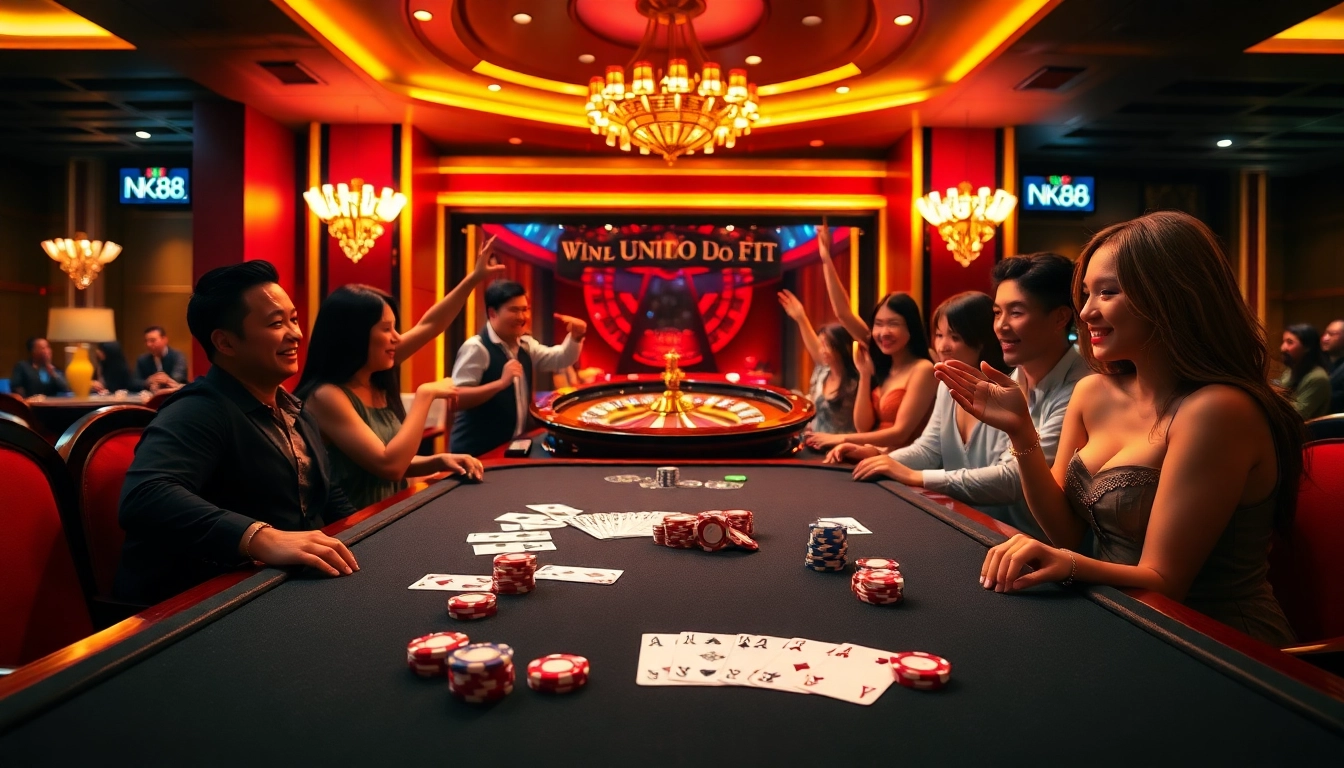 Exciting game scene at NK88 casino featuring vibrant casino tables and enthusiastic players.