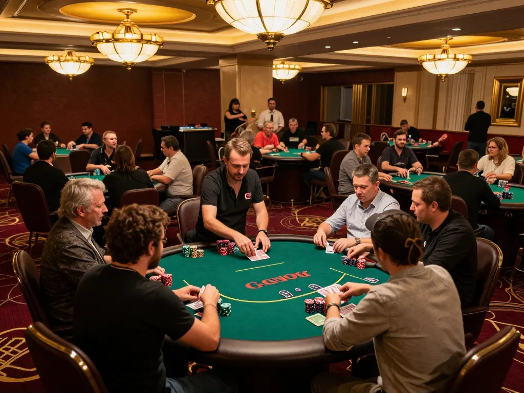 Players strategizing their bets at GO99's vibrant poker tables, creating a thrilling atmosphere.