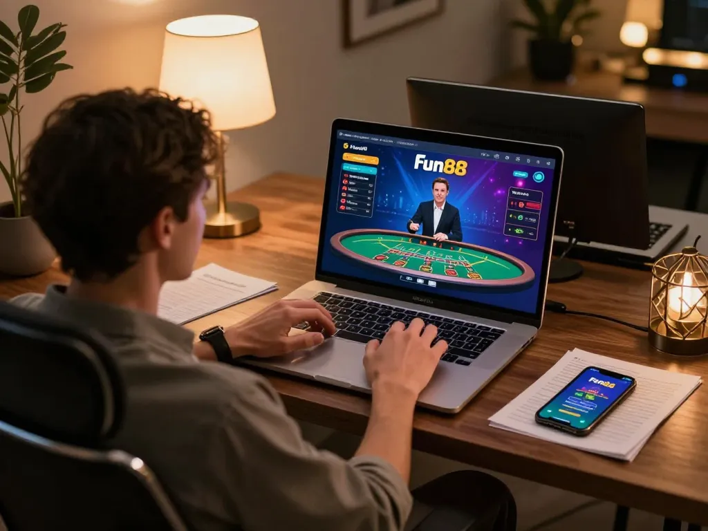 Fun88 player engaged in live blackjack game on laptop in stylish home office