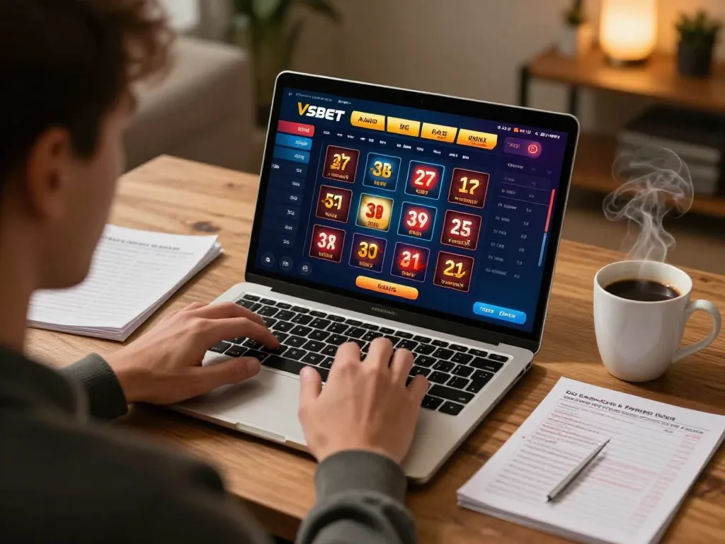 Engaged player using Vsbet for online poker gaming at home.