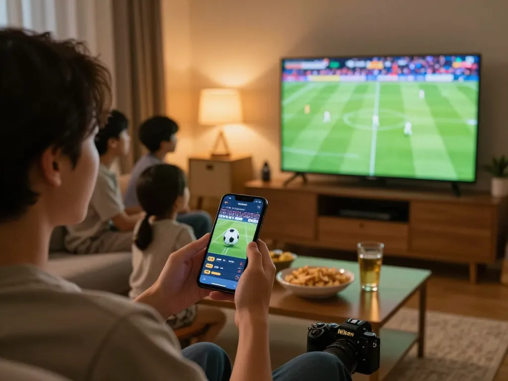 Engaging scene of friends enjoying live sports while checking kết quả bóng đá on smartphone during an exciting game night.
