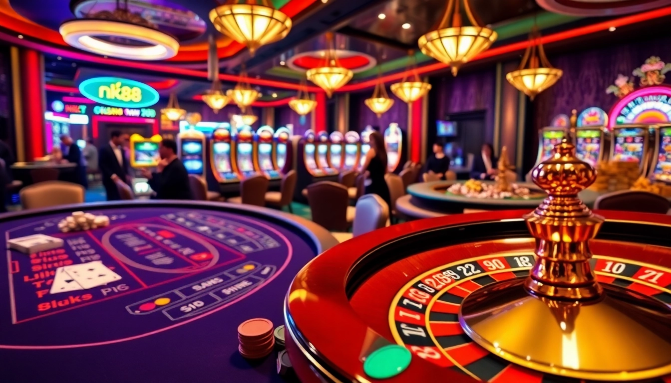 Engaging players at nk88 with an exciting casino atmosphere featuring games and vibrant decor.