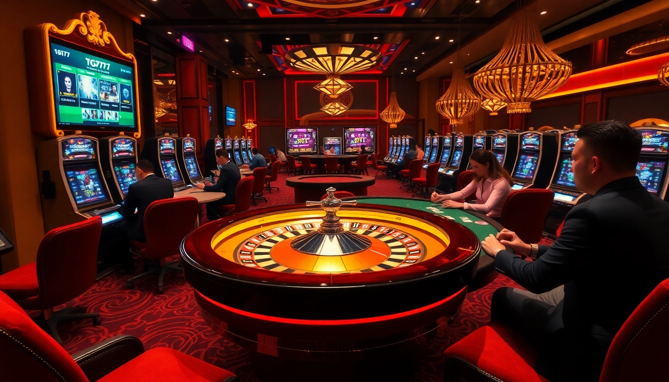 Experience the excitement of TG777 with a luxury casino scene featuring players at a roulette wheel and poker table.