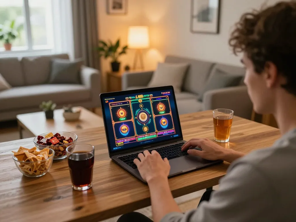 Player enjoying LV88 online slots in a cozy home setup, highlighting the engaging gaming experience