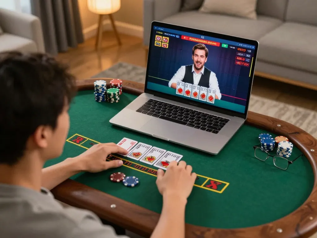 Player strategizing bets on 23win live dealer blackjack while enjoying a cozy home setting.