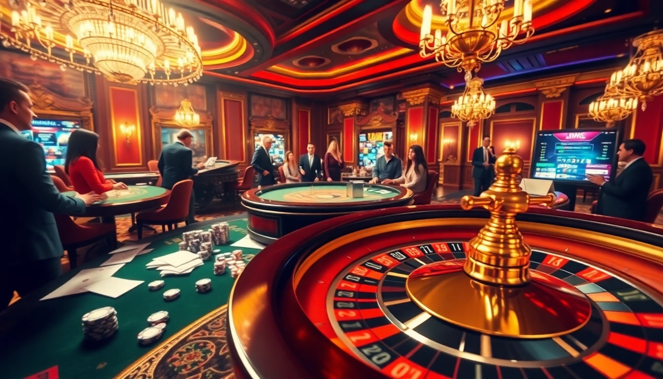 Experience high-stakes excitement at https://okfun.guru/ with players gaming at an elegant casino scene featuring a roulette wheel and poker chips.