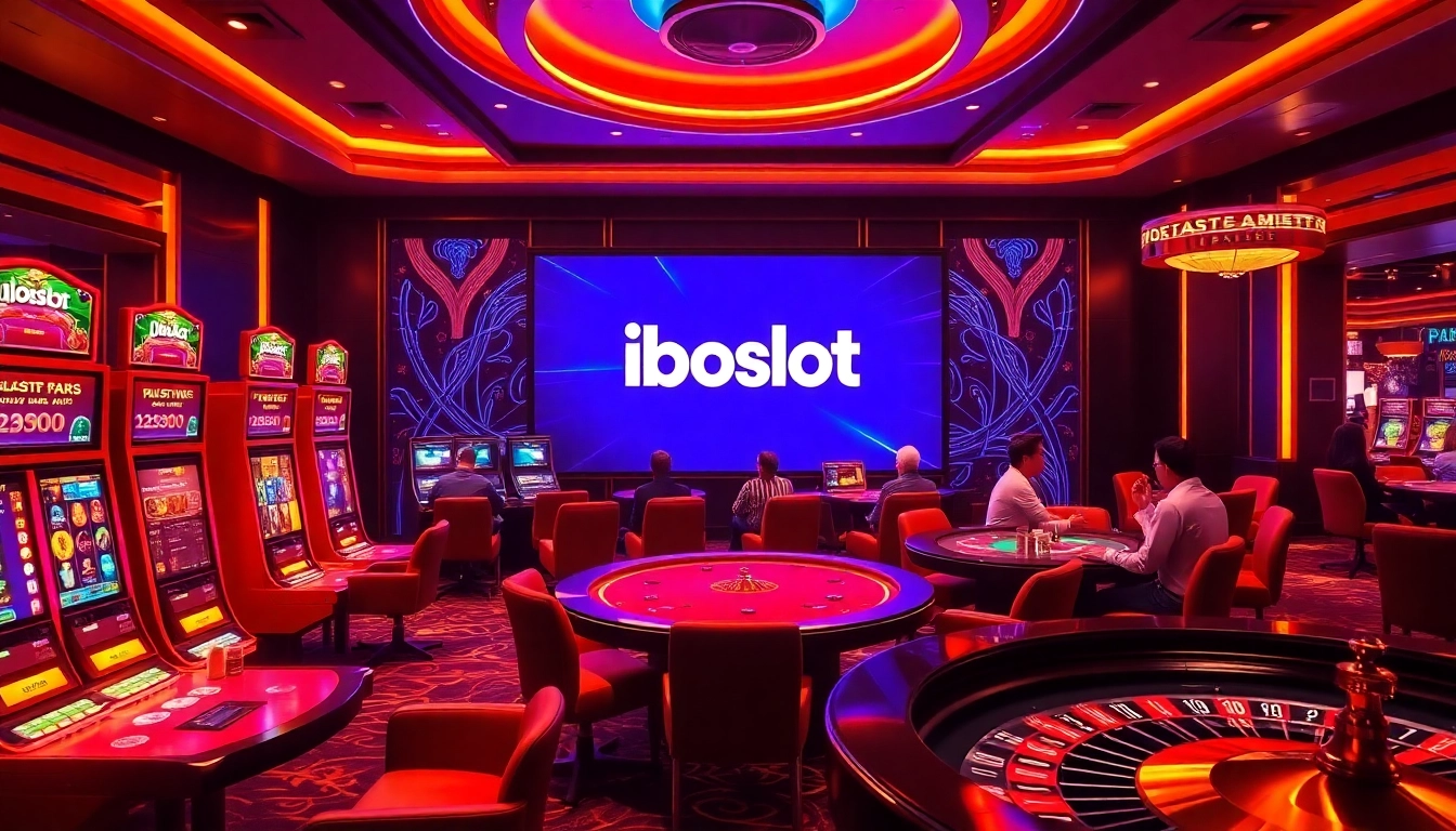 Iboslot logo displayed on a dynamic online gambling interface, showcasing vibrant virtual slot machines and poker tables.