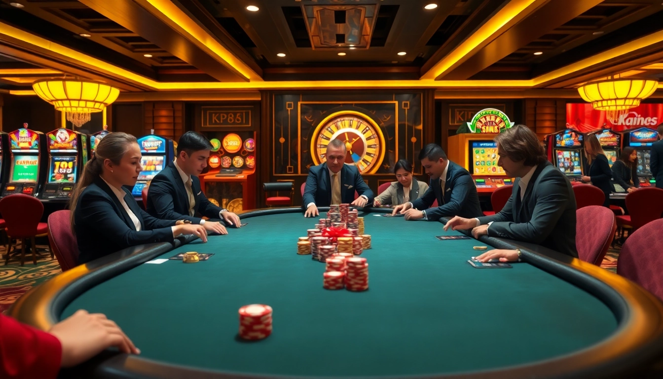 KP88 casino scene showing professional players enjoying poker with vibrant slot machines in the background.