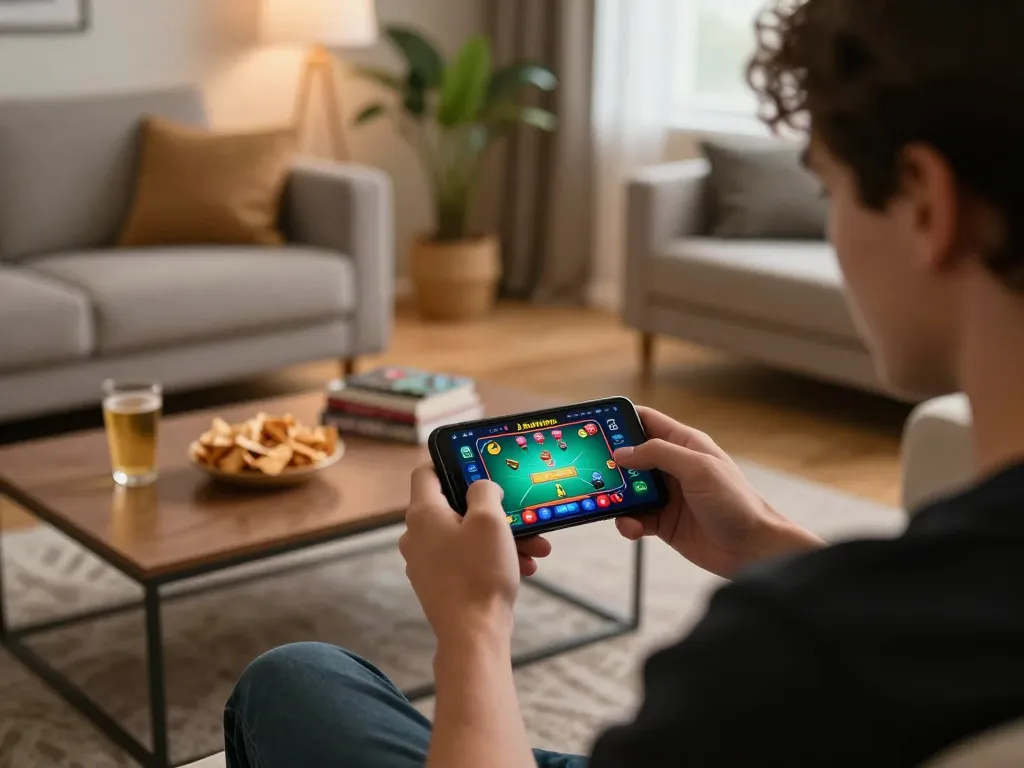 Engaging mobile gameplay on Ok9 app in a cozy living room, showcasing strategic casino entertainment