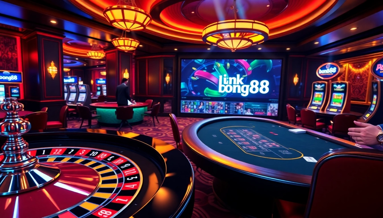 Experience the excitement of online gambling with link bong88 featuring sleek tables and vibrant gaming elements.