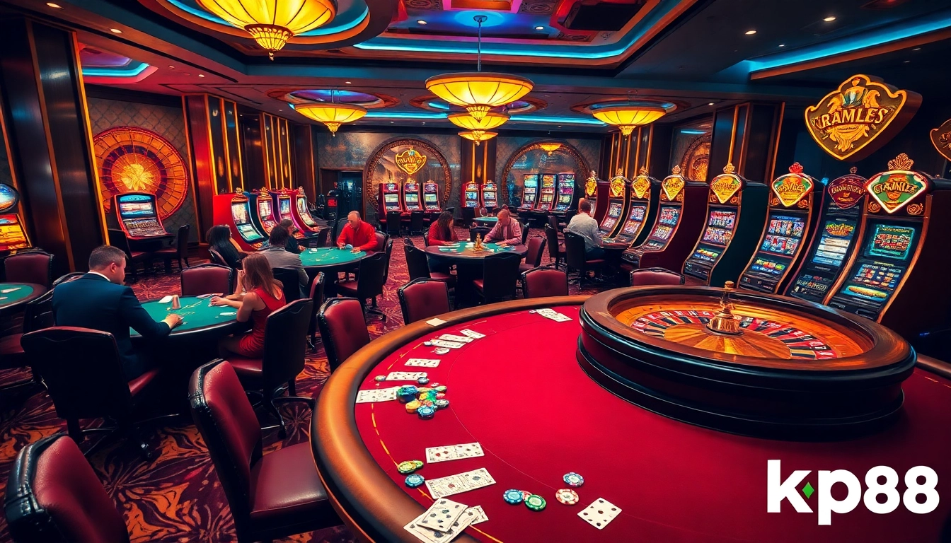 Engage in thrilling gameplay at kp88's vibrant casino, featuring poker tables and slot machines.