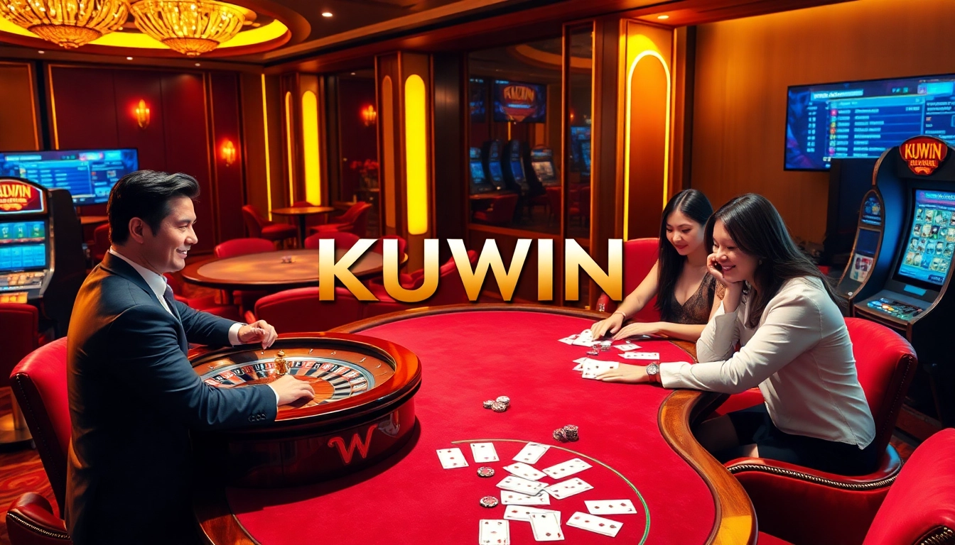 Kuwin casino action showcasing players at roulette and poker tables, exuding excitement and luxury.