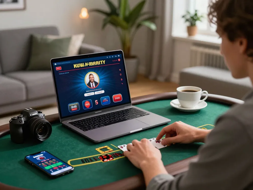 Kuwin player engaging with live dealer blackjack on laptop in cozy home setting
