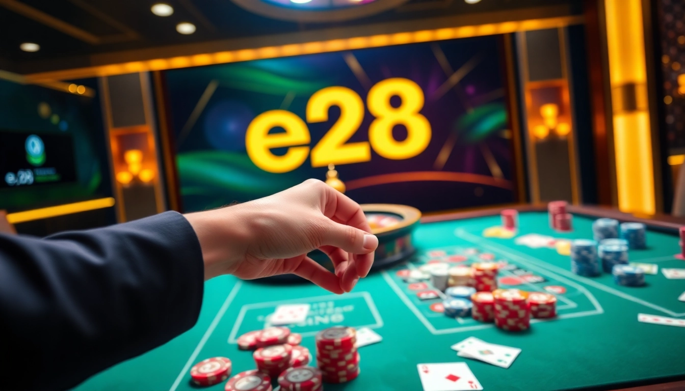 Experience thrilling gameplay at E28 online casino with vibrant chips and cards.