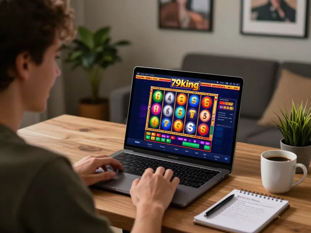 Player enjoying a thrilling online gambling experience on 79king, engaged with colorful slot machine game interface.