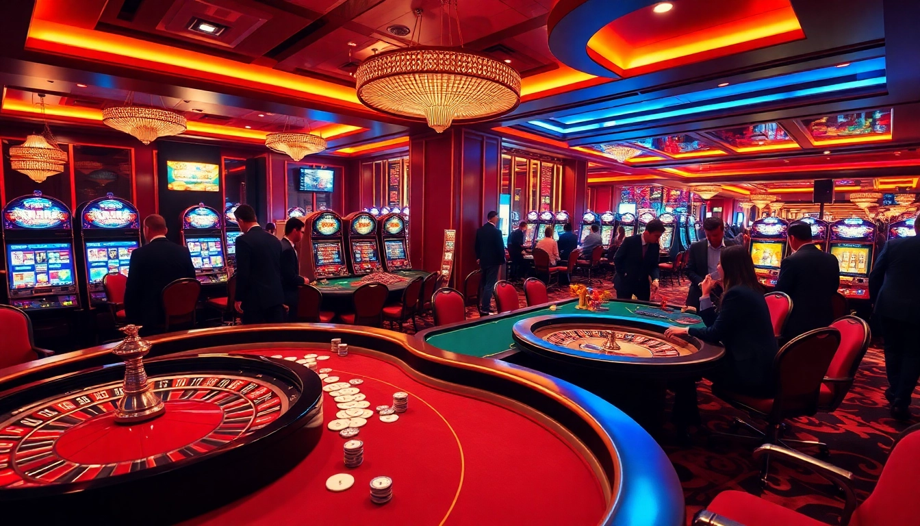 Players enjoying a thrilling game at HZ88's vibrant casino, featuring poker tables and slot machines.
