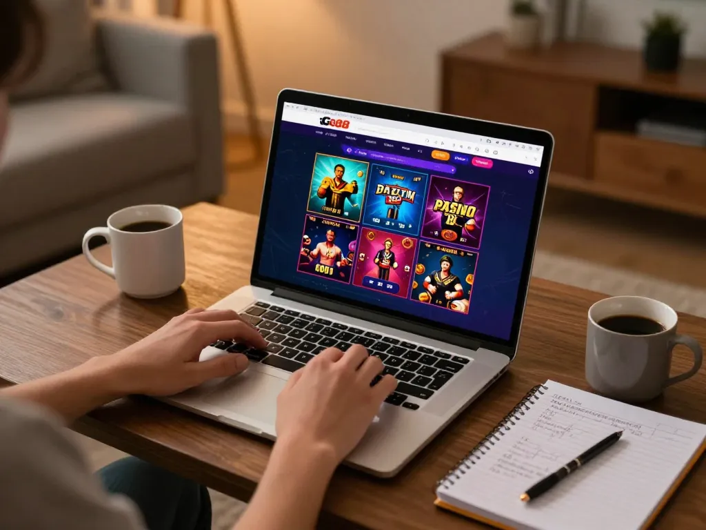 Engaging in online gaming at Go88 on a laptop, showcasing exciting casino games.