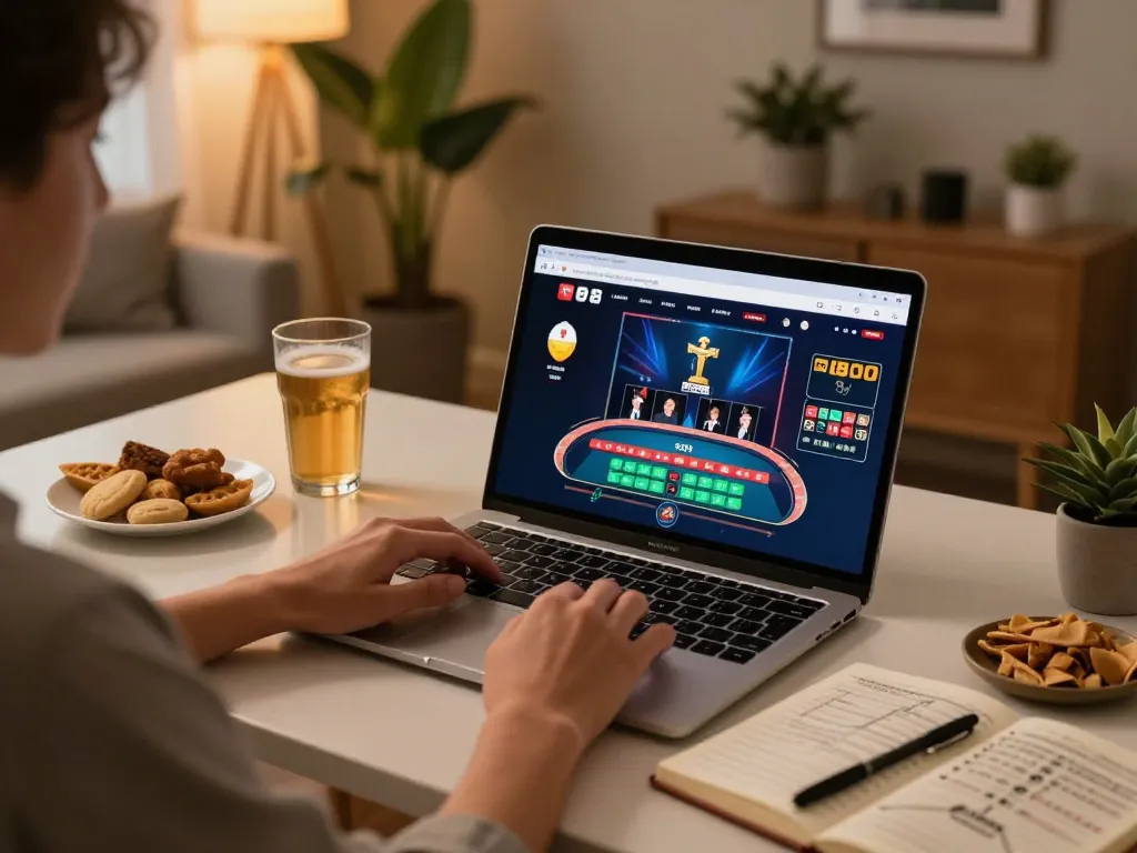 Engaging in tg88 online casino gaming with strategic betting notes in a cozy setup