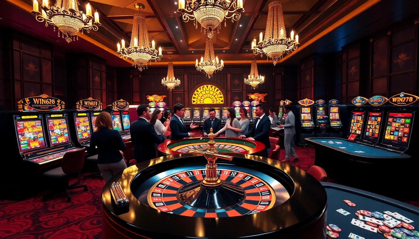 Experience the thrill of WIN678 in a luxurious casino setting, featuring roulette and poker games.