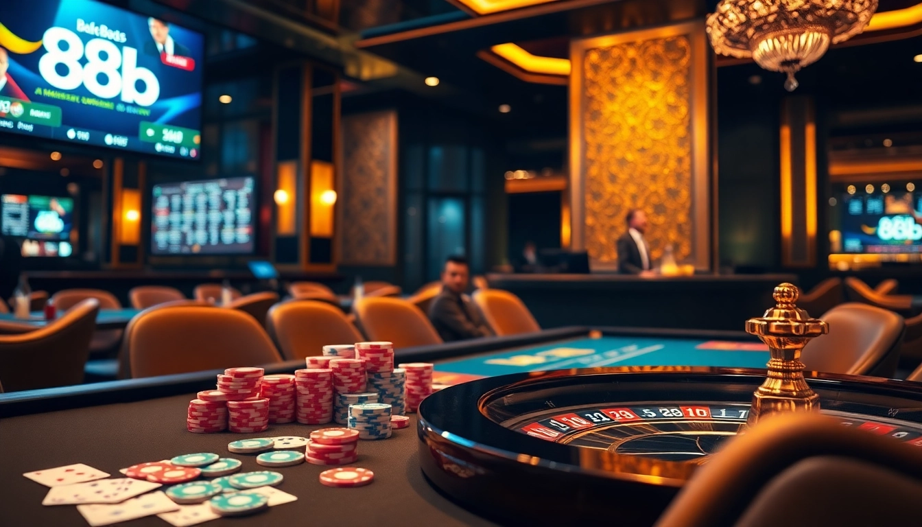 A dynamic casino environment illustrating 88clb with colorful poker chips and a roulette wheel enhancing the excitement of online gambling.
