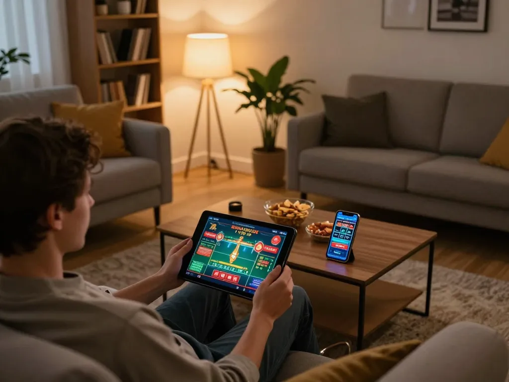 Experience responsible online gaming with nhà cái uy tín on a tablet in a cozy living room setup.