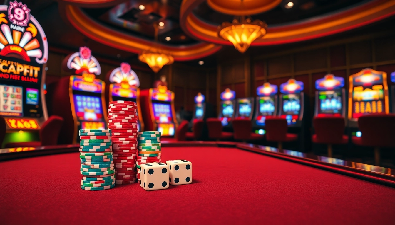 Engaging players at GO8 casino table with luxurious chips and vibrant slot machines.