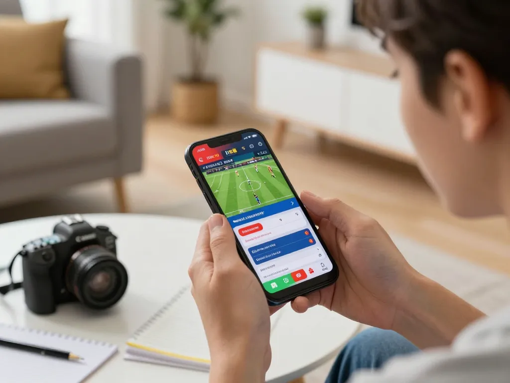 Engaged user placing bets on sports via 7M mobile app amidst a stylish home environment.